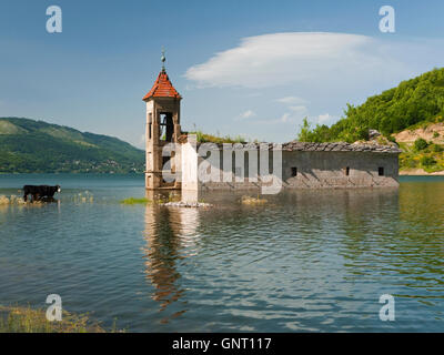 Die versunkenen Kirche St. Nikolaus in Mavrovo, Mazedonien - ein Opfer der Mavrovo Reservoir hydroelektrische Regelung. Stockfoto