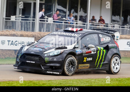 2016 Ford Focus RX World Rally Championship Auto mit Fahrer Ken Block, 2016 Goodwood Festival of Speed, Sussex, UK. Stockfoto