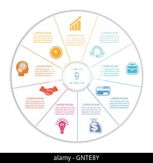 Infografik von farbigen Linien neun Position Flächendiagramm Stock Vektor