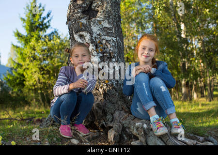 Zwei niedliche kleine Mädchen sitzen in der Nähe von Birken. Stockfoto