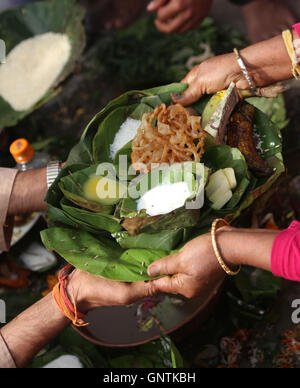 Kathmandu, Nepal. 01. Sep, 2016. Anhänger führen Rituale anlässlich Kuse Aunsi oder Vatertag am Ufer des Bagmati Fluss in Gokarna Tempel, Kathmandu. KUSE Aunsi ist ein Hindu-Festival in denen Zahlen Respekt und Ehrfurcht an Väter mit Geschenken und verschiedene Köstlichkeiten und denken Sie daran, verstorbenen Väter. Bildnachweis: Archana Shrestha/Pacific Press/Alamy Live-Nachrichten Stockfoto