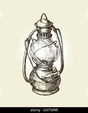 Handgezeichnete Vintage Petroleum Starklichtlampe. Skizzieren Sie Öl. Vektor-illustration Stock Vektor