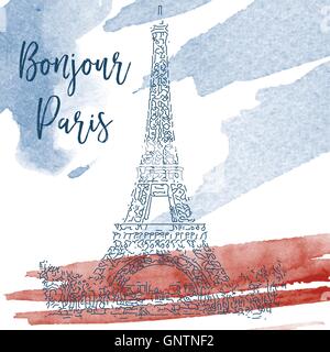 Hand gezeichnet Tinte Linienskizze von Paris. Aquarell Hintergrund Stock Vektor