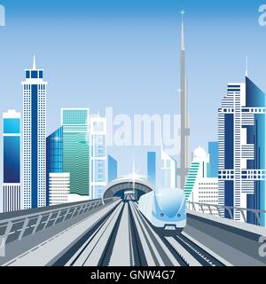 Dubai Metro Zug und die Stadt mit Wolkenkratzern Vektor-illustration Stock Vektor