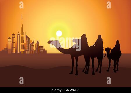 Drei Kamel Fahrer bei Sonnenuntergang in der Wüste in Dubai Stadt Hintergrund Vektor-illustration Stock Vektor