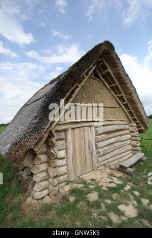 Nachbau eines Hauses aus der Bronzezeit in der archäologischen Stätte in Nizna Mysla, Slowakei. Stockfoto