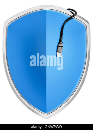 Schild mit USB-Kabel, digital Security-Symbol. 3D Illustration. Stockfoto