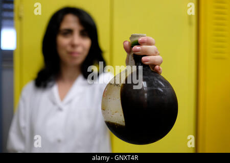 Jerusalem, Israel. 1. September 2016. Christine Haj Postdoc Forscher hält eine Flasche Glaswaren mit Marihuana im Labor der Hebrew University School of Pharmacy in Jerusalem am 1. September 2016. Israel ist ein weltweit führendes Unternehmen auf der Wissenschaft von medizinischem Marihuana entwickelt. Im Juni Israel genehmigt einen Plan, um Beschränkungen für medizinisches Marihuana wachsen zu erleichtern und kündigte an, dass medizinisches Marihuana würde schließlich ein großes Wachstum und Exportwirtschaft. Bildnachweis: Eddie Gerald/Alamy Live-Nachrichten Stockfoto