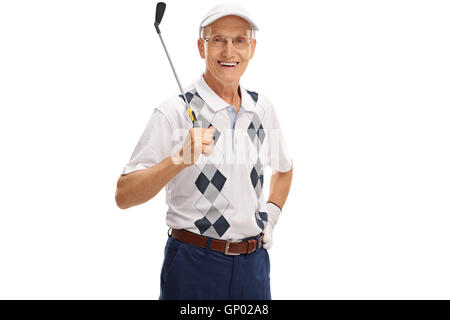 Ältere Golfer halten einen Golfschläger isoliert auf weißem Hintergrund Stockfoto