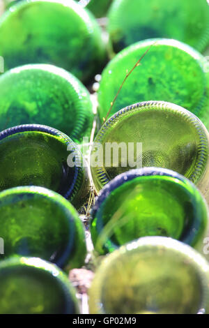 Zeilen aus grünem Glas Flasche Böden aus Sand, von dem es stammte, Kreislauf des Lebens, und in glänzender Oberfläche aus Glas und grüner Farbe reflektiert. Stockfoto