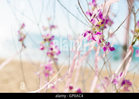 Lila Orchidee Blumen hängen Zweige, rosa Band bei einer Hochzeit. Stockfoto