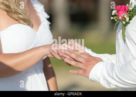 Bräutigam halten Braut Hand in Natur, Hochzeit, Brautpaar Hände haltend. Stockfoto