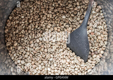 Grüne Kaffeebohnen in Lauf mit einem alten Holzschale, bereit, geröstet werden. Stockfoto