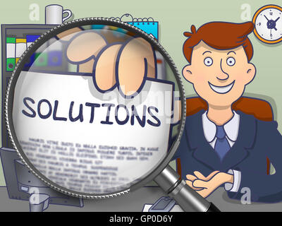 Lösungen. Lächelnd Officeman im Amt halten einen Text auf Papier durch Lupe. Farbige Doodle Stil Illustration. Stockfoto