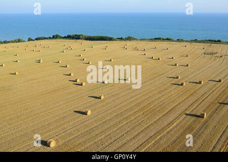 LUFTAUFNAHME. Strohballen auf einem Feld mit Blick auf den Ärmelkanal. Longues-sur-Mer, Calvados, Normandie, Frankreich. Stockfoto