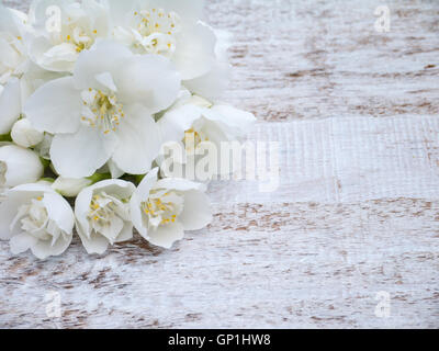 Weiße englische Hartriegel Blumen Blumenstrauß in der Ecke des rustikalen hölzernen Hintergrund Stockfoto