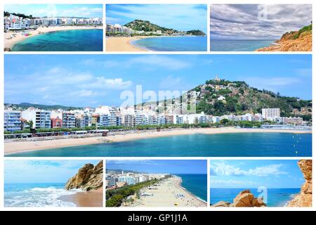 Fotocollage mit Orten der Costa Brava. Catalonia Strände, Calella und Blanes Stadt in Spanien. Ideal für den Einsatz als Postkarte oder in t Stockfoto