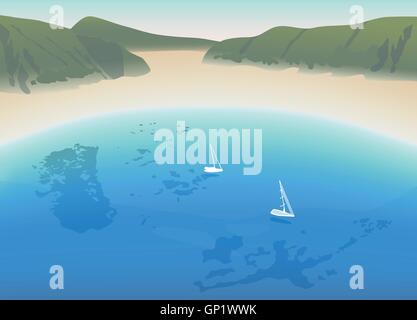 Hufeisen weißen Sandstrand mit kristallklarem Meer und Berge-Vektor-illustration Stock Vektor