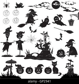 Halloween Cartoon, Set schwarze silhouette Stock Vektor
