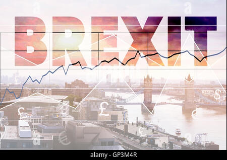 Brexit Konzept, Hintergrund Doppelbelichtung mit Skyline von UK, London Stadtbild Stockfoto