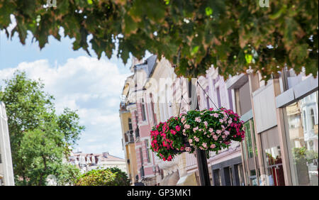 Hängen Sie bunte Blumen in Töpfen auf eine Straße Pole vor einer Sezession Gebäude, Innenstadt von Plovdiv, Bulgarien. Stockfoto