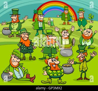 Cartoon-Illustration von Kobold und Saint Patrick Tag Characters Group mit Topf voll Gold, Regenbogen und Kleeblätter Stock Vektor