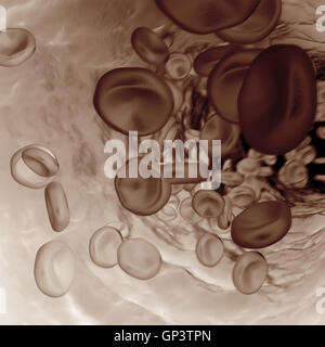 Blutkörperchen, bewegt sich in die Vene mit Schärfentiefe. 3D illustration Stockfoto