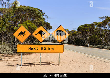 abgelegenen Ort am Eyre Highway in Südaustralien, sonnigen Sommertag. Hinweisschild am Straßenrand Warnung informiert Stockfoto