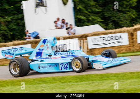 1974 Eagle-Chevrolet 755 mit Fahrer Frank Lyons auf die 2016 Goodwood Festival of Speed, Sussex, UK. Ex-James Hunt Auto. Stockfoto