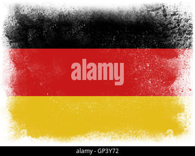 Pulver explodiert in den Farben der Deutschland-Flagge isoliert auf weißem Hintergrund zu malen. Abstrakte Teilchen Explosion der bunten Staub Stockfoto