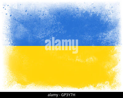 Pulver explodiert in den Farben der Flagge der Ukraine isoliert auf weißem Hintergrund zu malen. Abstrakte Teilchen Explosion der bunten Staub. Stockfoto