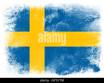 Pulver explodiert in Farben der Schweden Flagge isoliert auf weißem Hintergrund zu malen. Abstrakte Teilchen Explosion der bunten Staub. Stockfoto