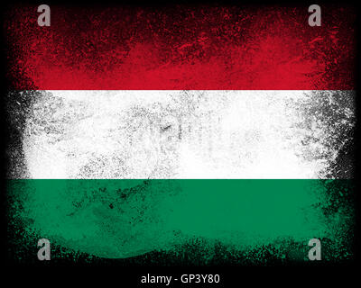 Pulver zu malen in den Farben der Flagge der Ungarn auf schwarzem Hintergrund isoliert explodiert. Abstrakte Teilchen Explosion der bunten Staub. Stockfoto