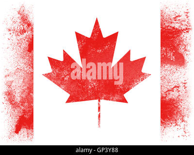 Pulver explodiert in Farben der Kanada-Flagge isoliert auf weißem Hintergrund zu malen. Abstrakte Teilchen Explosion der bunten Staub. Stockfoto