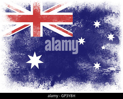 Pulver explodiert in Farben der Australien-Flagge isoliert auf weißem Hintergrund zu malen. Abstrakte Teilchen Explosion der bunten Staub. Stockfoto