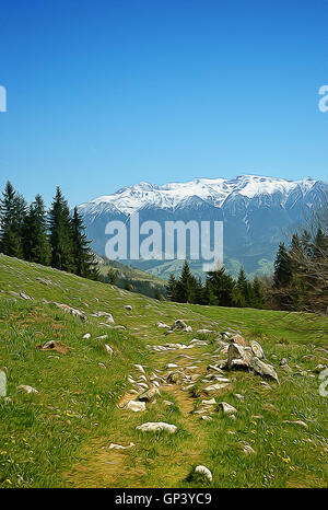 Illustration der Reittiere in einem sonnigen Frühlingstag mit einem klaren blauen Himmel Stockfoto