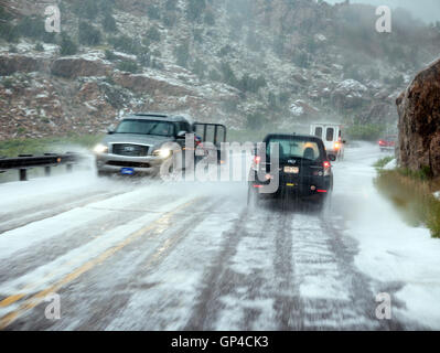 Windschutzscheibe Perspektive von einem Sommer Hagel & Regen Sturm, Big Horn Sheep Canyon, zentralen Colorado, USA Stockfoto