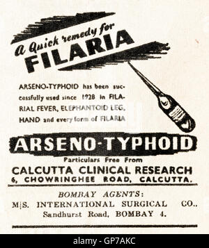 Werbung Werbung Arseno-Typhus für Filariosen original alten Vintage advert aus englischsprachiges Magazin in Indien vom 1945 veröffentlicht Stockfoto