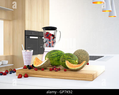 Mixer mit verschiedenen Früchten für einen Smoothie. 3D-Rendering Stockfoto