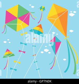 Bunte Drachen und Wolken am Himmel. Wunderschöne Drachen fliegen am blauen Himmel. Vektorabbildung Stock Vektor