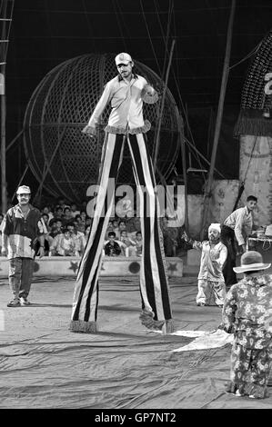 Mann zu Fuß auf Stelzen im Zirkus, Indien, Asien Stockfoto