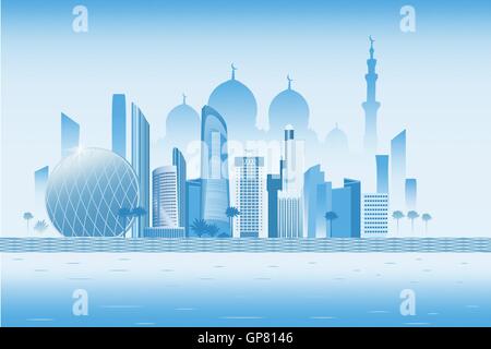 Abu-Dhabi-Stadt mit Wolkenkratzern und weiße Moschee-Vektor-illustration Stock Vektor