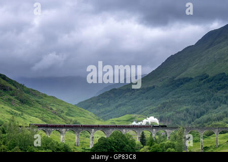 Das Glenfinnan-Viadukt am Loch Shiel, Lochaber, mit einem Dampfzug überqueren Stockfoto