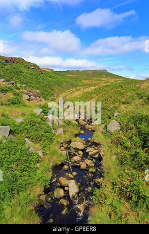 Burbage Brook und fernen Carl Wark auf Hathersage Moor, Peak District National Park, Sheffield, South Yorkshire, England, UK. Stockfoto