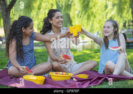 Hispanic Familienglück mit einem Picknick im park Stockfoto