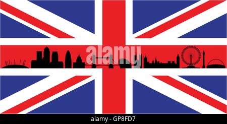 London Skyline Silhouette isoliert auf Union Jack Flagge Stock Vektor