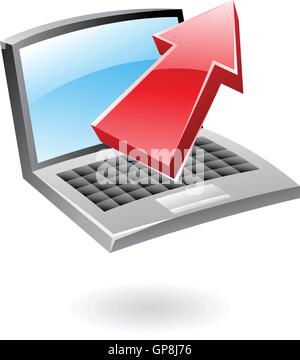 glänzende Upload 3D-Symbol, roter Pfeil und Computer isoliert auf weiss Stock Vektor
