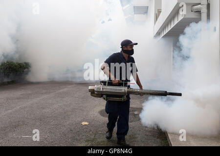 Ein Arbeiter Nebel gegen Mücken um eine Eigentumswohnung in Kuala Lumpur, Malaysia. Stockfoto