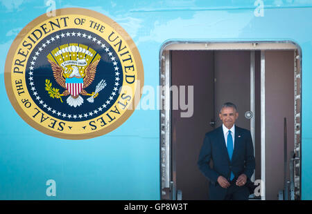 160903)--HANGZHOU, 3. September 2016 (Xinhua)--US-Präsident Barack Obama kommt zum 11. Gipfeltreffen der Gruppe der 20 (G20) in Hangzhou, Hauptstadt der ostchinesischen Provinz Zhejiang, 3. September 2016. (Xinhua/Li Xiang/Alamy Live News Stockfoto