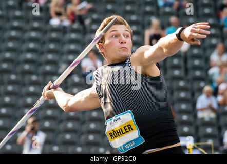 Berlin, Deutschland. 3. Sep, 2016. Thomas Roehler Deutschlands während der Speer werfen Event an der Leichtathletik ISTAF World Challenge-Meeting im Olympiastadion in Berlin, Deutschland, 3. September 2016. Foto: GREGOR FISCHER/DPA/Alamy Live-Nachrichten Stockfoto